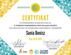 V Żorska Konferencja Psychologii Sportu certyfikat